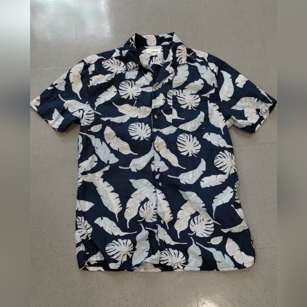 SONOMA Leaf Print Vacation Shirt Blue & White Hawaii Casual Shirts Boy button up - Picture 3 of 11